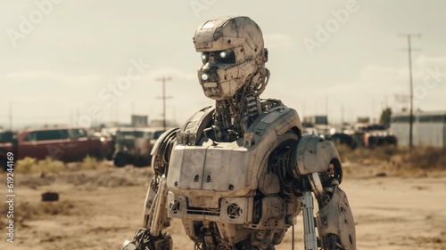 a service robot in desert at a junkyard