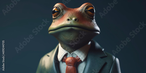 Anthropomorphic business frog with elegant suit, color background, A dapper animal in a business suit. AI Generated