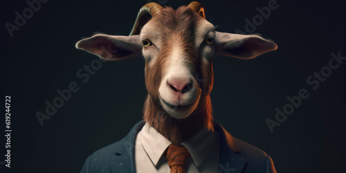Anthropomorphic business Goat with elegant suit, color background, A dapper animal in a business suit. AI Generated