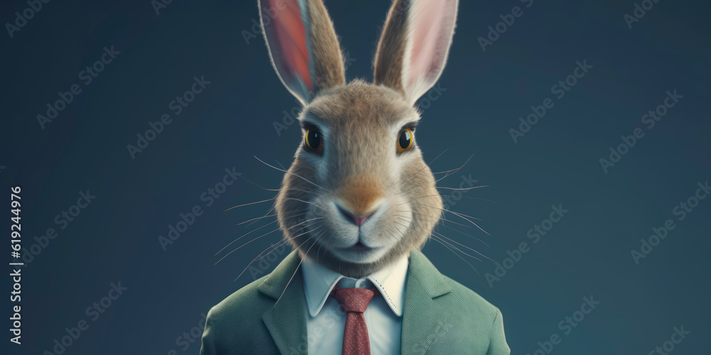 Anthropomorphic business Rabbit with elegant suit, color background, A dapper animal in a business suit. AI Generated