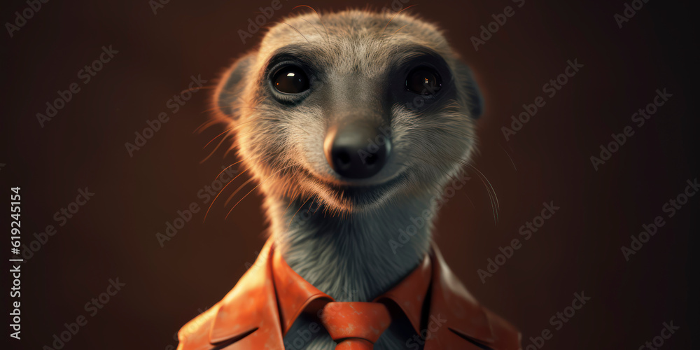 Anthropomorphic business suricate with elegant suit, color background, A dapper animal in a business suit. AI Generated