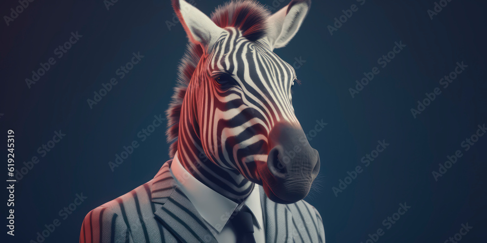 Anthropomorphic business Zebra with elegant suit, color background, A dapper animal in a business suit. AI Generated