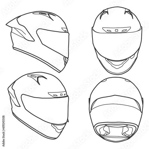 Template vector racing helmet full face line art, suitable for your custom helmet full face, outline vector doodle illustration,  front, back, and side view, isolated with white background. editable.