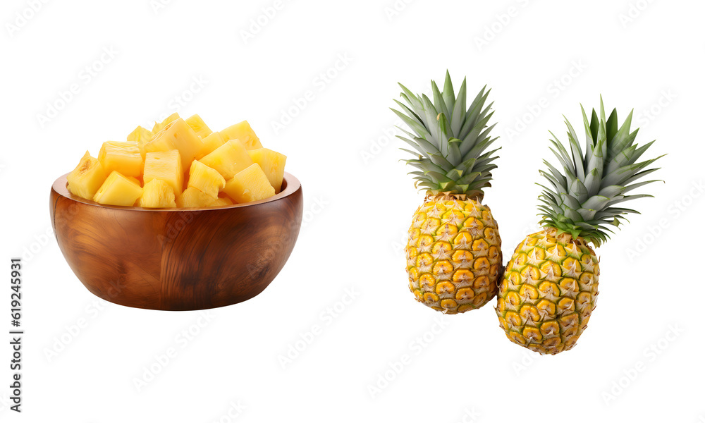 Pineapple and wooden bowl isolated on white transparent png Pineapple and wooden bowl isolated on white transparent png