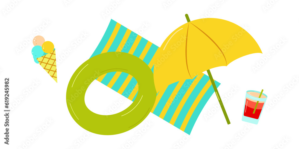 Set of summer elements, beach, summer accessory. Inflatable circle, fruit cocktail, ice cream, towel, beach umbrella. Rest. Vector flat illustration.