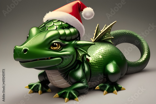 dragon in Santa Hat, Christmas Decorations, generative ai  © Alena Vilgelm