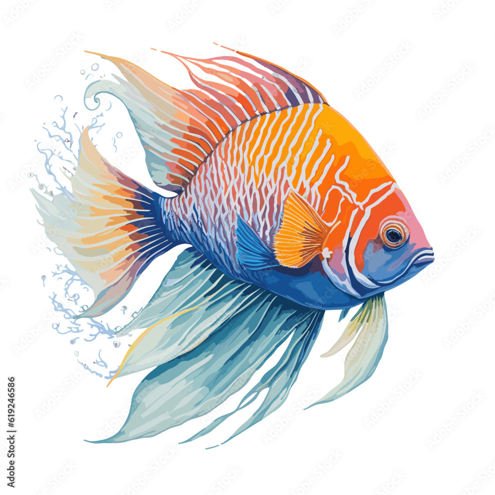 Fototapeta premium beautiful drawing of colored fishes, marine life, watercolor painting, hand drawing,white background.