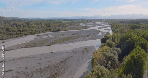 Aerial: Countryside and the Hurunui River. Canterbury, New Zealand photo