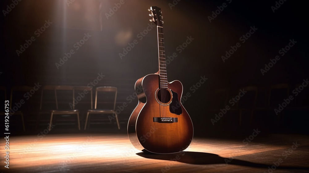 Acoustic guitar on wooden background - obrazy, fototapety, plakaty 
