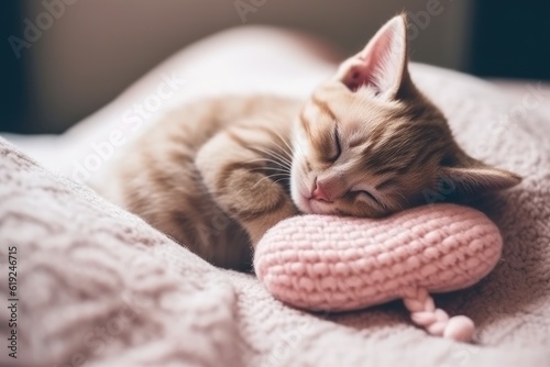 cute kitten taking a nap on a pink toy. Generative AI