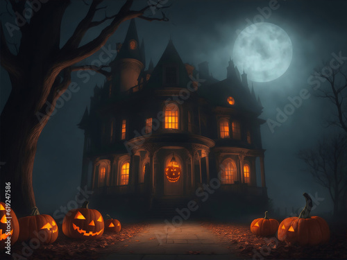Halloween spooky background, scary pumpkins scene. Scary house in creepy forest with fog and lights. Happy Halloween theme. Digital painting illustration created with Generative AI technology.