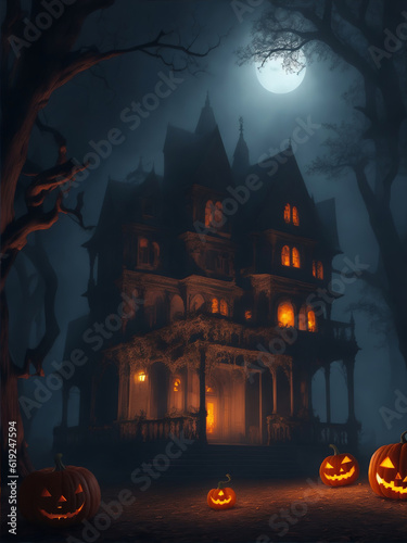 Halloween spooky background, scary pumpkins scene. Scary house in creepy forest with fog and lights. Happy Halloween theme. Digital painting illustration created with Generative AI technology.