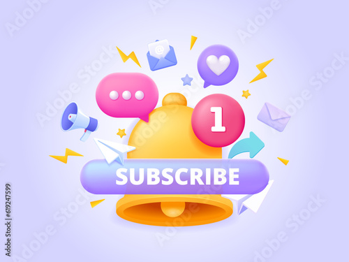 Subscribe email newsletter, social network and channel.  Bell notification, like button and speech bubble message. 3d icon for landing page. Three dimensional vector illustration for website, banner.