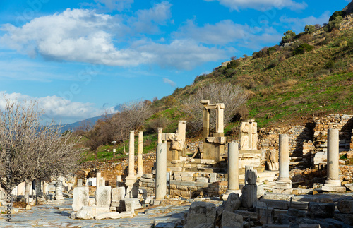 View of architectural elements of partially reconstructed Hydreion Fountain in ancient Greek city of Ephesus, Izmir, Turkey