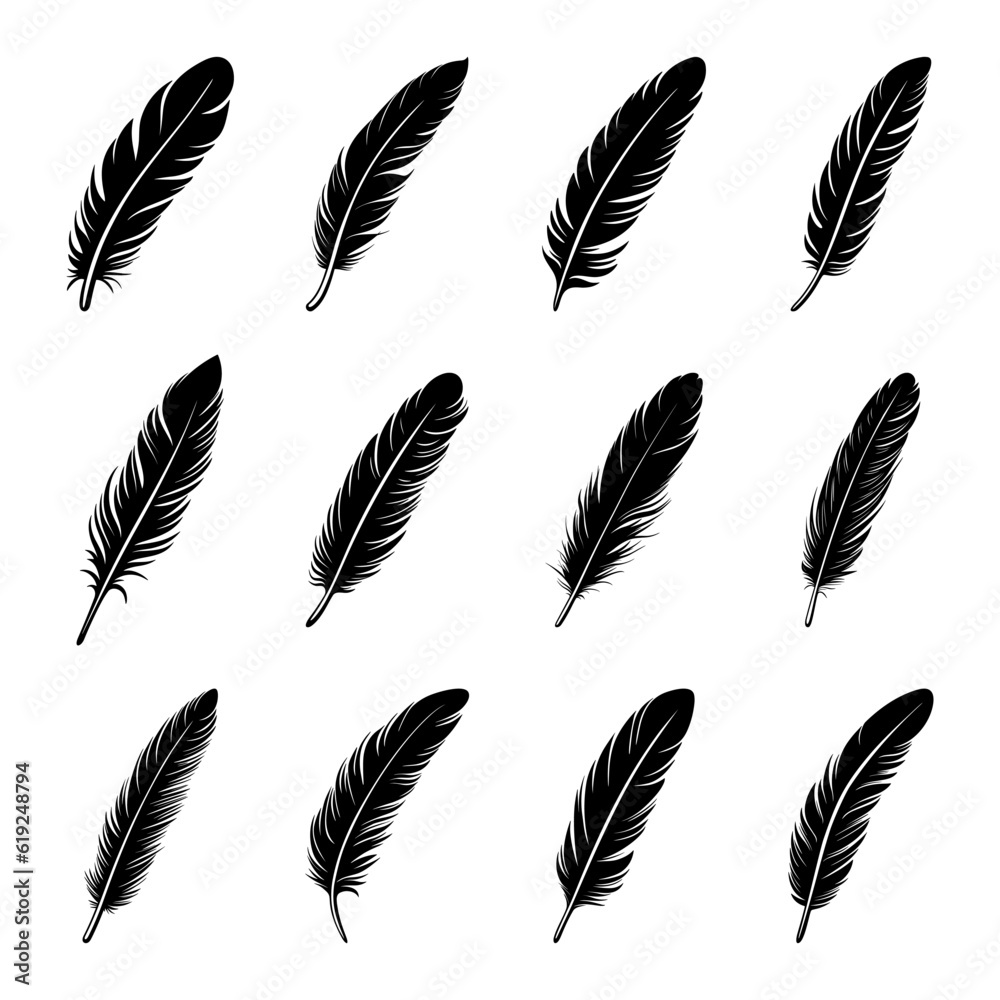 Vector Fluffy Feather Logo, Icon Set, Silhouette Feather Closeup Isolated. Design Template of Flamingo, Angel, Bird Feather. Lightness, Freedom Concept Vector Fluffy Feather Logo, Icon Set, Silhouette Feather Closeup Isolated. Design Template of Flamingo, Angel, Bird Feather. Lightness, Freedom Concept