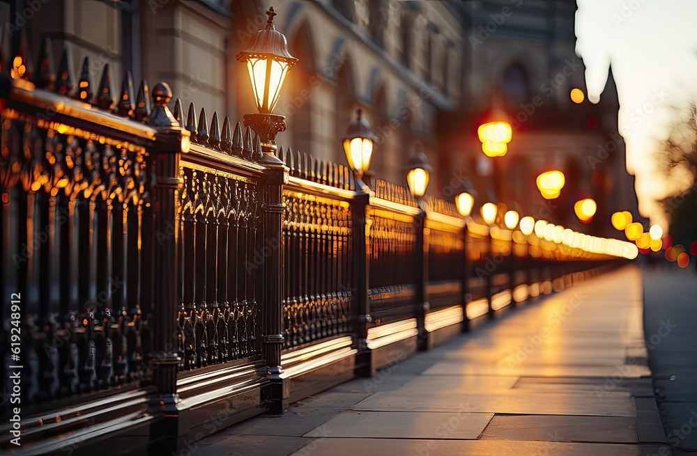 Wrought iron fence with street lamps in the city at sunset. Selective focus