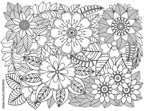Coloring page for adults and children. Vector flower carpet.