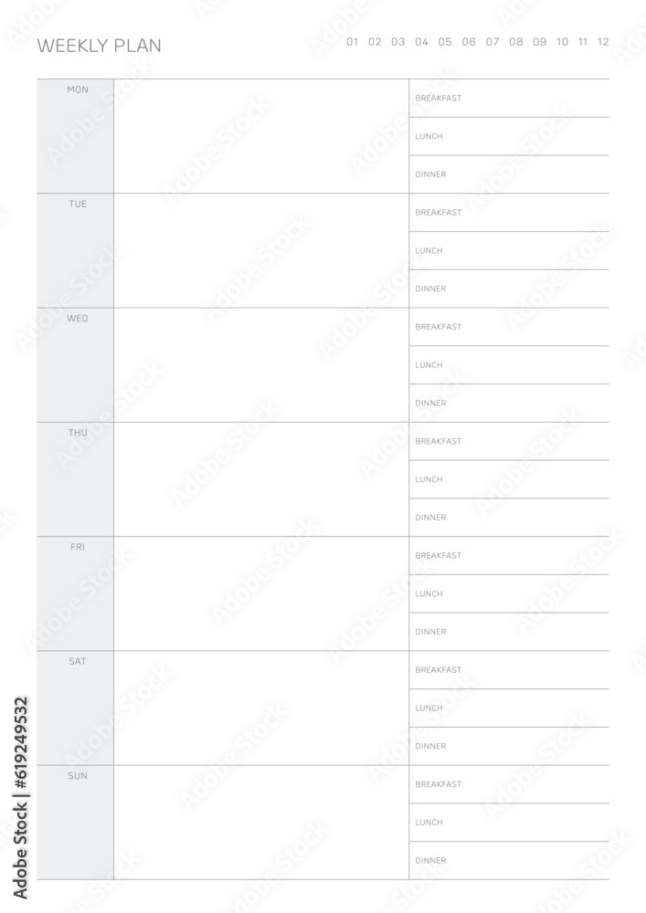 A weekly plan design template in a modern, simple, and minimalist style. Note, scheduler, diary, calendar, planner document template illustration. A weekly plan design template in a modern, simple, and minimalist style. Note, scheduler, diary, calendar, planner document template illustration.