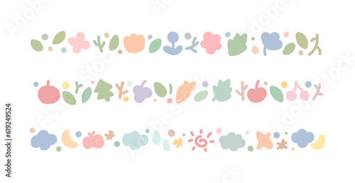 A set of cute hand-drawn illustration borders with the concept of nature. flower and fruit, Tree, cloud, sun, moon, leave objects are repeated in a continuous pattern.