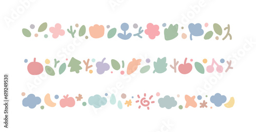 A set of cute hand-drawn illustration borders with the concept of nature. flower and fruit,  Tree, cloud, sun, moon, leave objects are repeated in a continuous pattern.