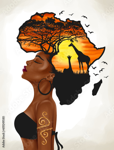 African woman side profile with hair in the shape of a map of Africa
