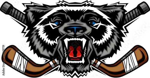 wolverine mascot head with crossed hockey sticks for school, college or league sports