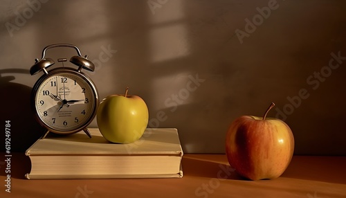 Back to school concept, Alarm clock, books and apple ai generated