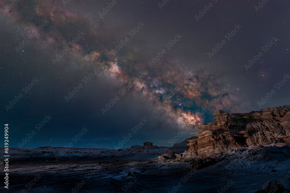 Milky Way over a rugged desert sandstone mountain