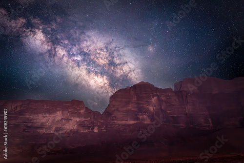 Milky Way over the red rock cliffs at Wadi Rum, Jordan