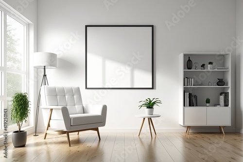 modern white living room with minimalist design featuring a white chair and bookcase. Generative AI