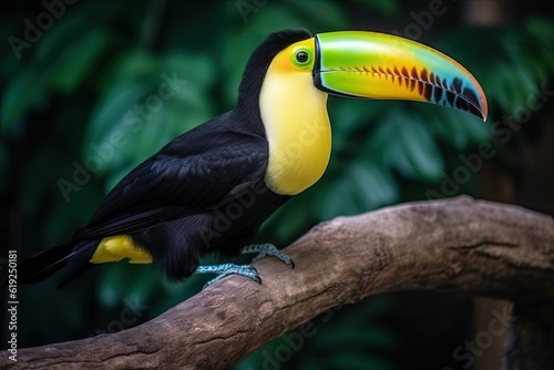 brightly colored toucan perched on a tree branch in a lush rainforest. Generative AI