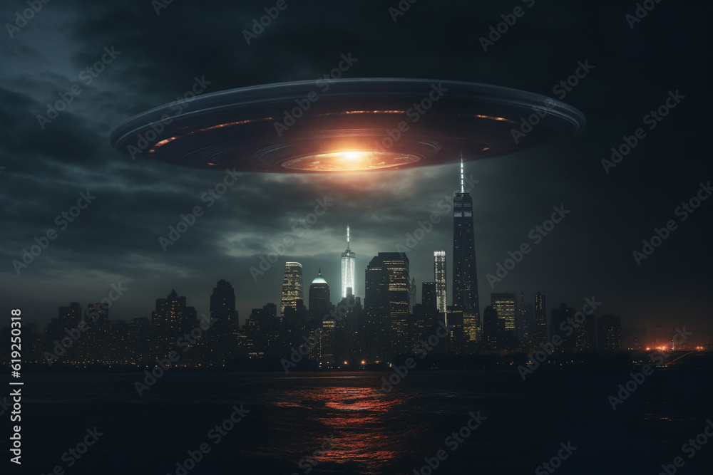Illustration of a UFO over an american city, Generative AI. Illustration of a UFO over an american city, Generative AI.