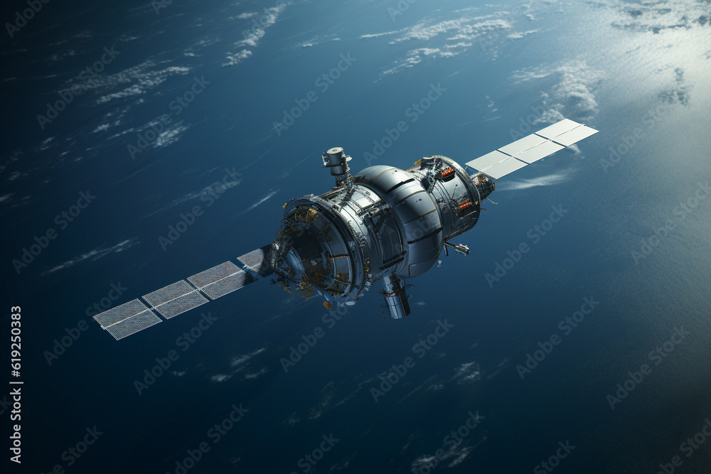 Obraz premium Illustration of a satellite orbiting earth. Generative AI. 