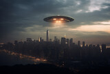 Illustration of a UFO over an american city, Generative AI. 