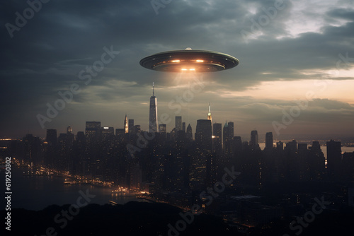 Illustration of a UFO over an american city, Generative AI. 