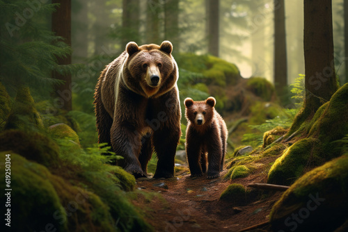 Illustration of a mother brown bear and cub. Generative AI.