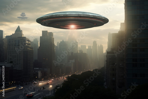 Illustration of a UFO over an american city  Generative AI. 