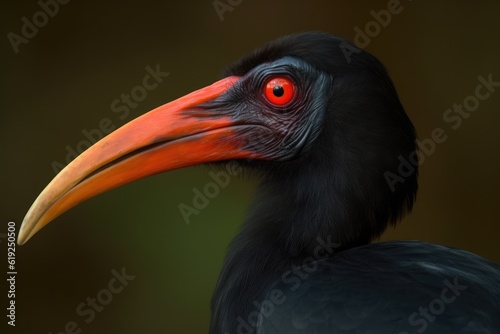 close up of a bird with a striking red eye. Generative AI