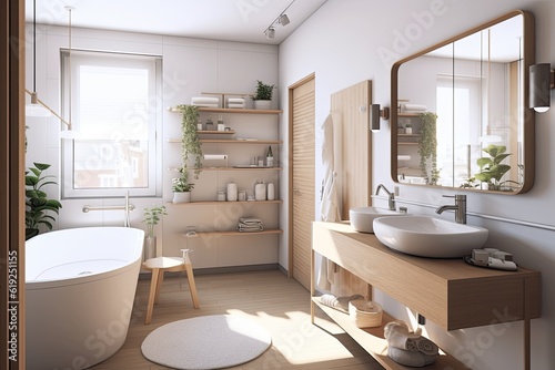 modern bathroom with a freestanding tub  floating sink  and large mirror