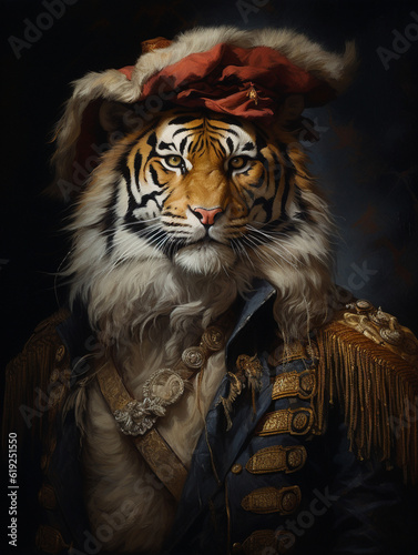 An Oil Painting Portrait of a Tiger Dressed Up as a Pirate   Generative AI