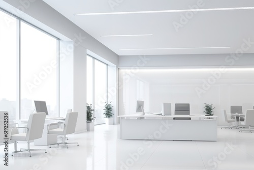 Clean and spacious white office interior with a mock-up wall. Generative Ai © Imam