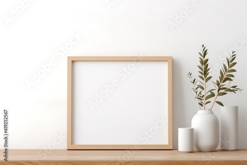 Close-up shot of a mockup frame in a white room featuring natural wood furnishings. Generative Ai