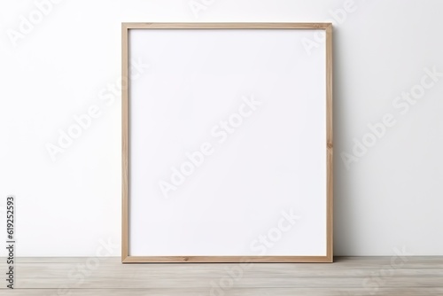 Close-up shot of a mockup frame in a white room featuring natural wood furnishings. Generative Ai