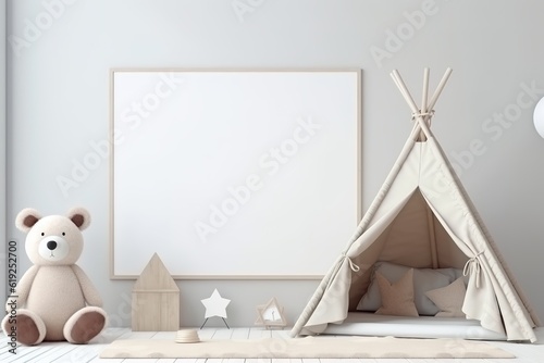 Comfortable white children s room backdrop with a mock-up poster frame. Generative Ai