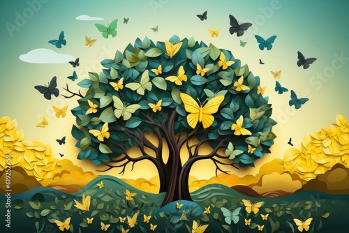 Ecosystem restoration  environment day concept tree background. Recycle icon paper cut banner with forest. Ecology project concept  Generative AI illustration