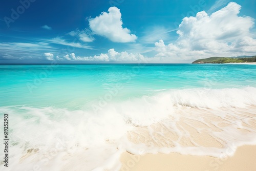 serene tropical beach with crystal-clear waters and blue skies