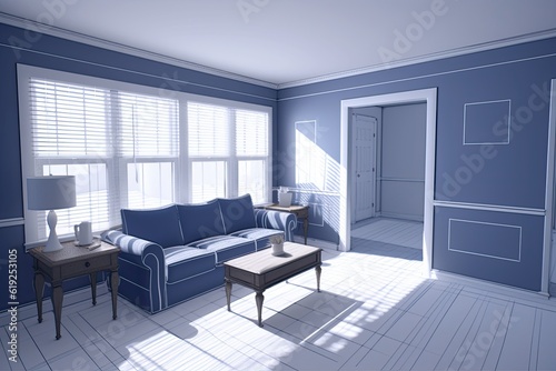 modern living room with blue walls and white floors