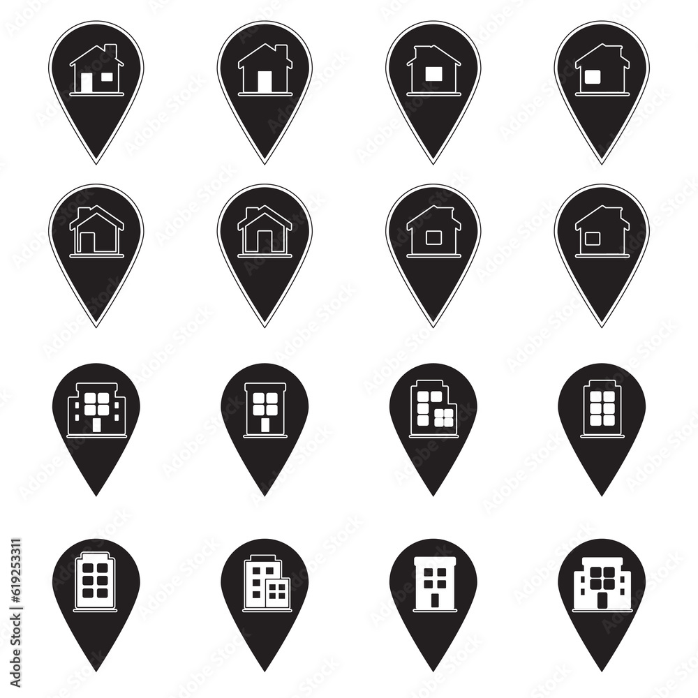 Home and office destination pin icon set. Map pin marker icons set, Contains such Icons as Map with a Pin, Route map, Navigator, Direction and more. Home and office destination pin icon set. Map pin marker icons set, Contains such Icons as Map with a Pin, Route map, Navigator, Direction and more.