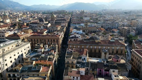 Aerial shot drone flies down Via Vittorio Emmanuele toward Santa Caterina Church in Palermo, Sicily, Italy photo