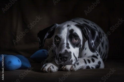 Dalmatian dog resting beside a blue toy. Generative AI